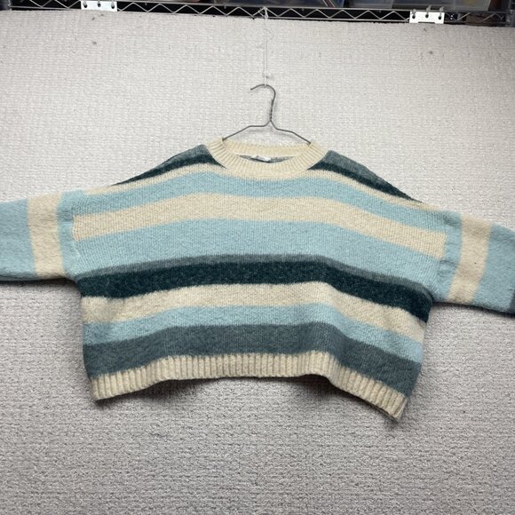 Ardene Jumper Wool Blend Crop Sweater Cozy Knit Wom L / XL Blue / Off-White - Picture 6 of 13